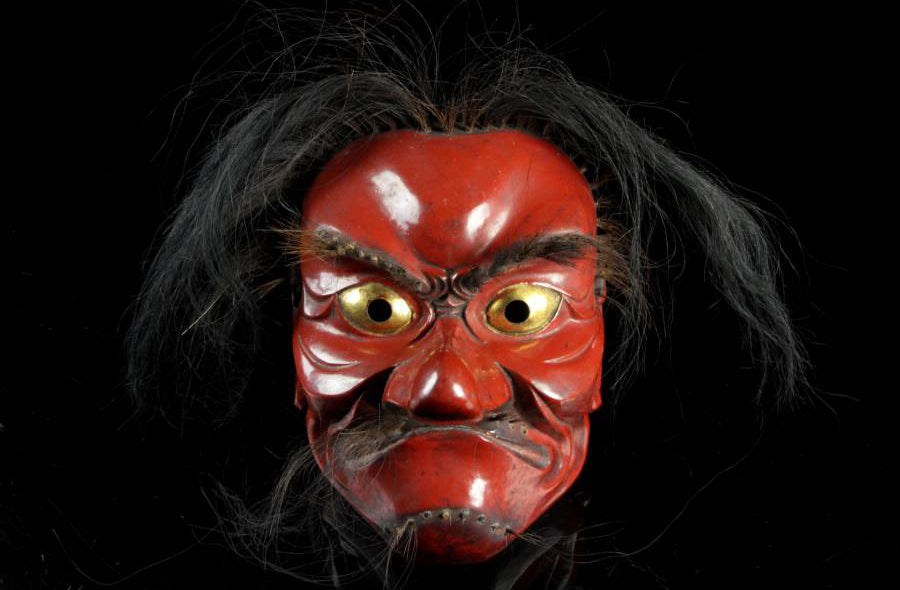 Antique wood carved Tengu Mask for Kagura-kyogen