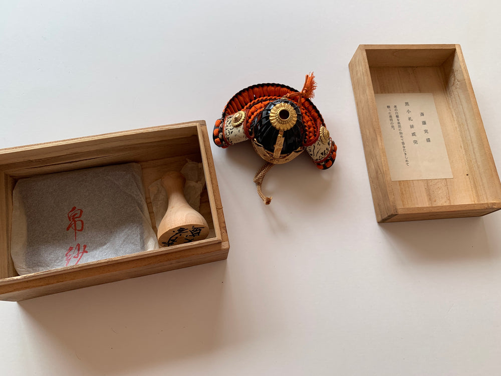 Miniature of Armor of Sanemori Saito (from the 12th century), one of the Sengoku Warlords.  By Icchu Kato, with paulownia box.