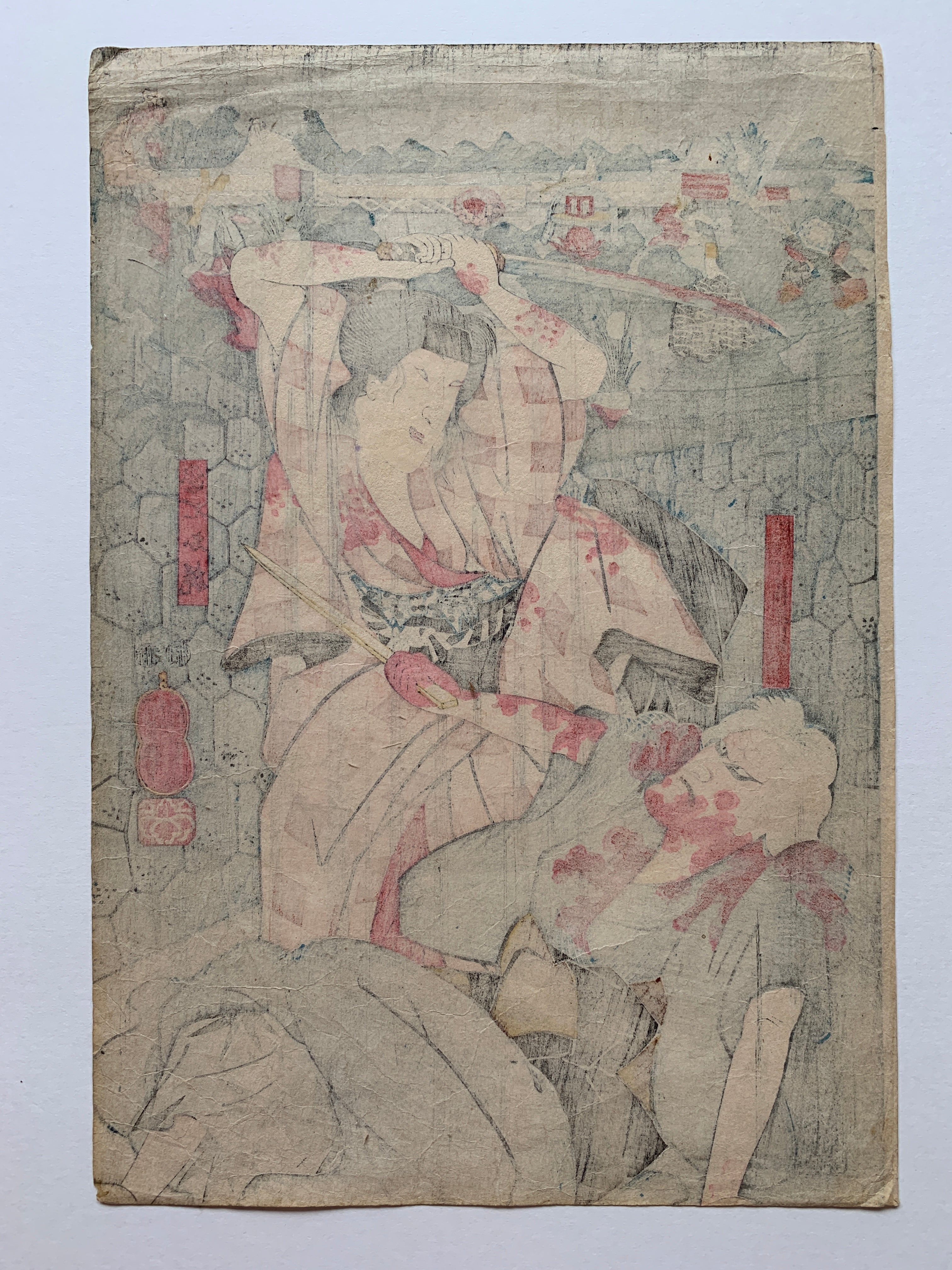 Seki Sanjûrô III as Mikawaya no Giheiji no Obaa and Bandô Shûka I as Danshichi Okaji (Kuniyoshi, 1852)