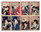 4 diptychs (8 prints) / UKIYO-E WOODBLOK PRINTS (Kunichika, 1870)