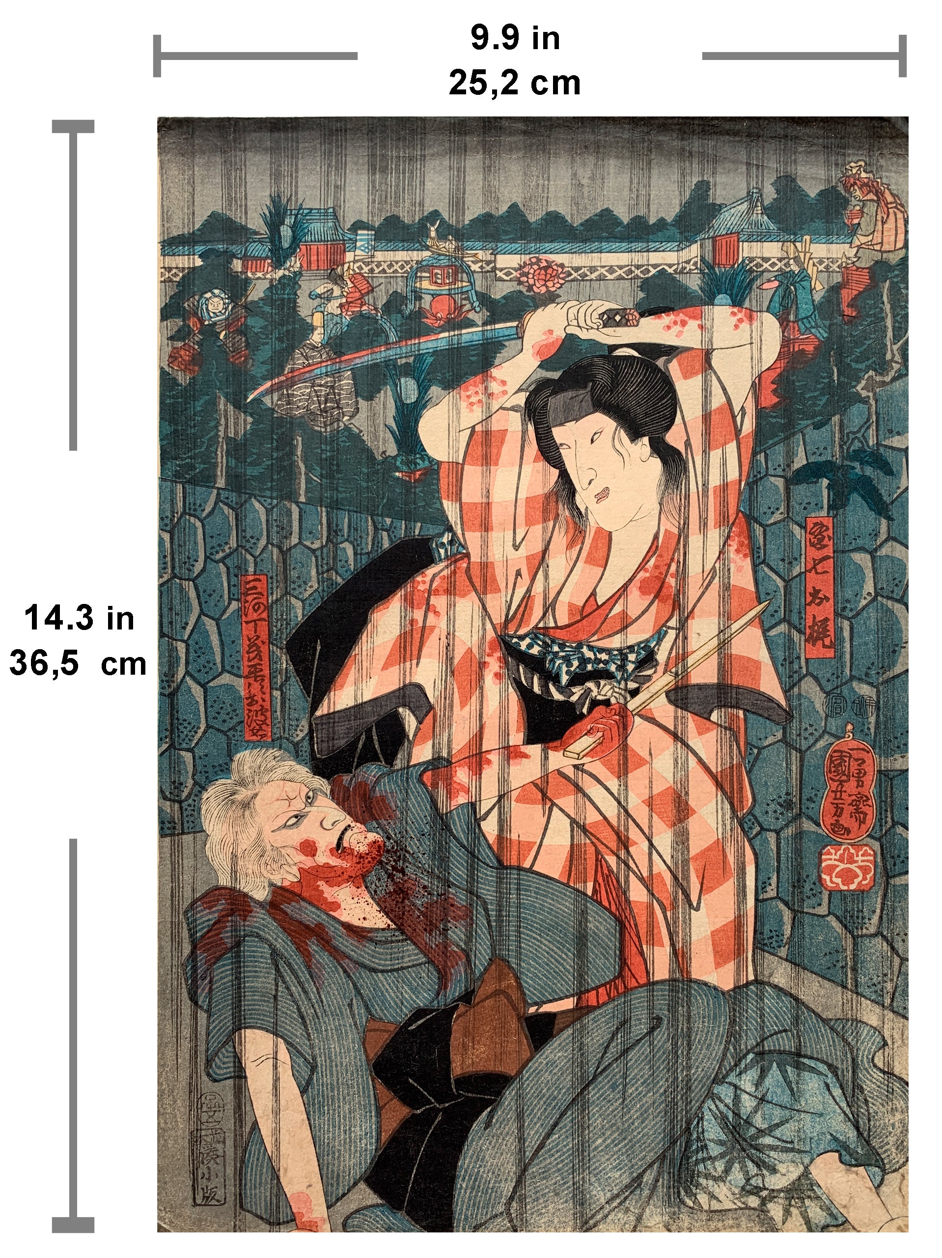 Seki Sanjûrô III as Mikawaya no Giheiji no Obaa and Bandô Shûka I as Danshichi Okaji (Kuniyoshi, 1852)