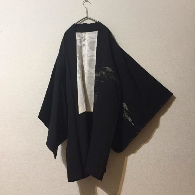 Vintage Black Landscape Silk Haori Kimono