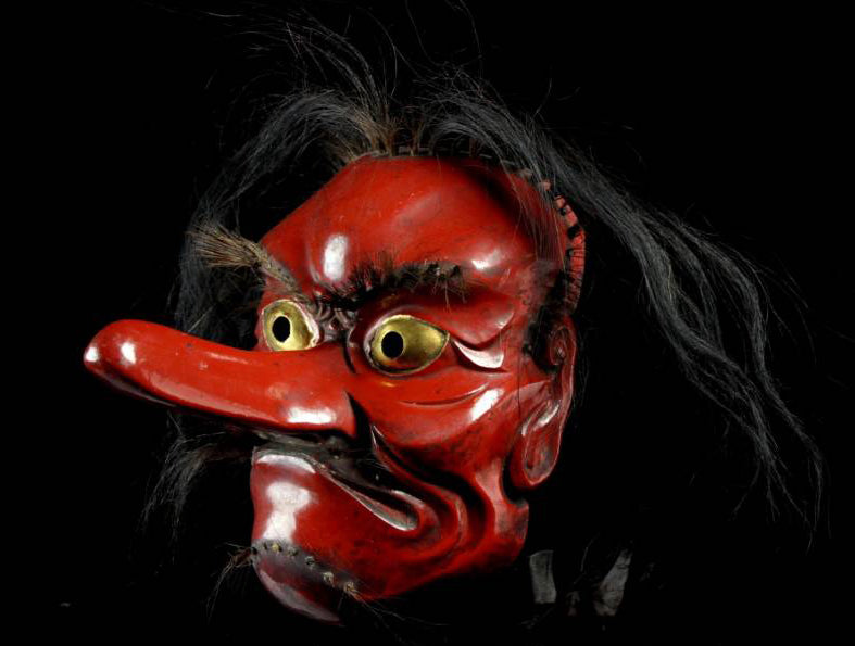 Antique wood carved Tengu Mask for Kagura-kyogen