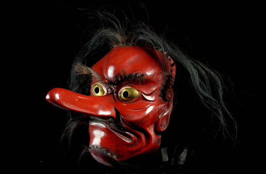 Antique wood carved Tengu Mask for Kagura-kyogen