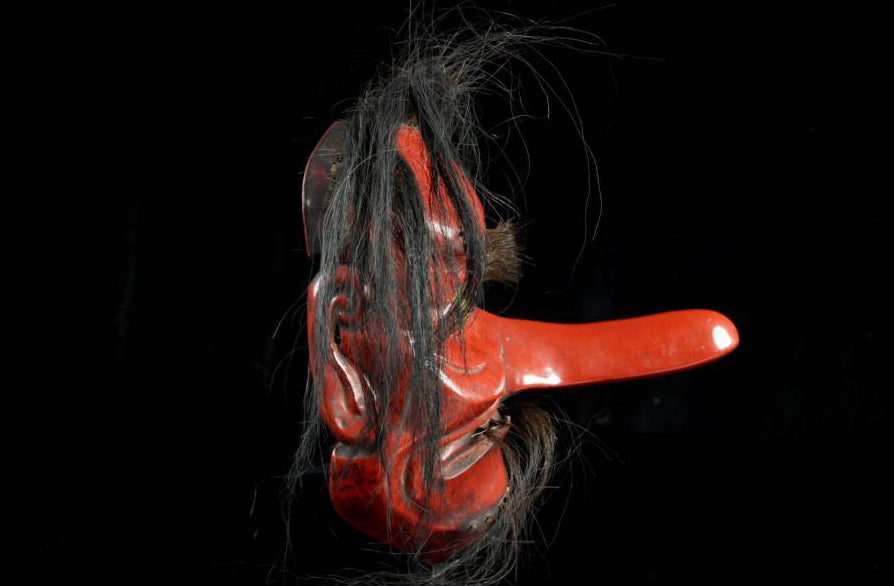 Antique wood carved Tengu Mask for Kagura-kyogen